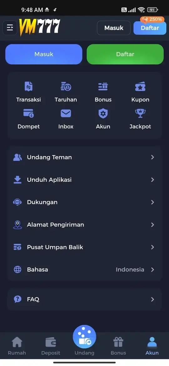 VM777 halaman akun dan menu utama