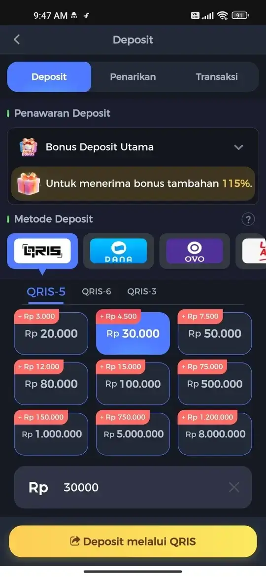 VM777 halaman deposit via QRIS DANA OVO